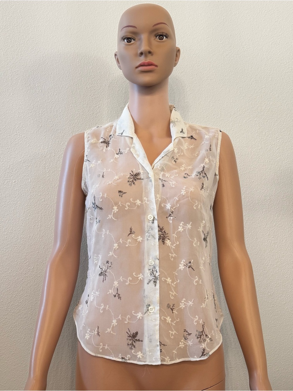 Sheer Embroidered Sleeveless Button-Front Top - White